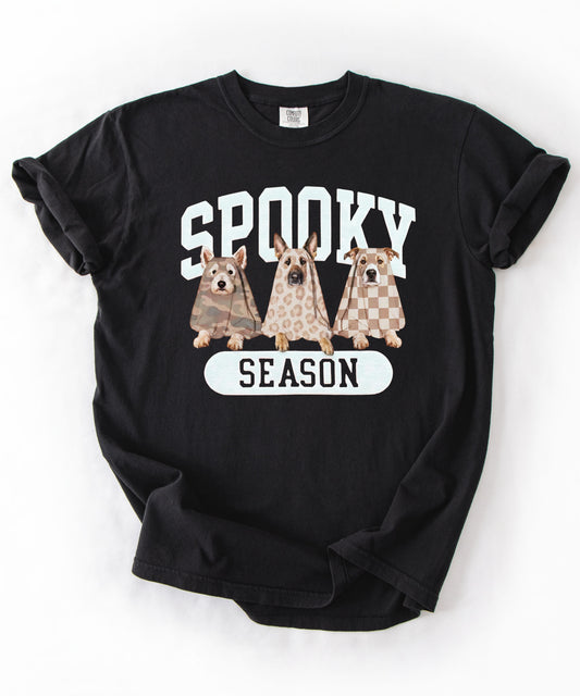 Spooky Season tee in Black — dogs in ghost costumes Halloween graphic, garment dyed heavyweight cotton