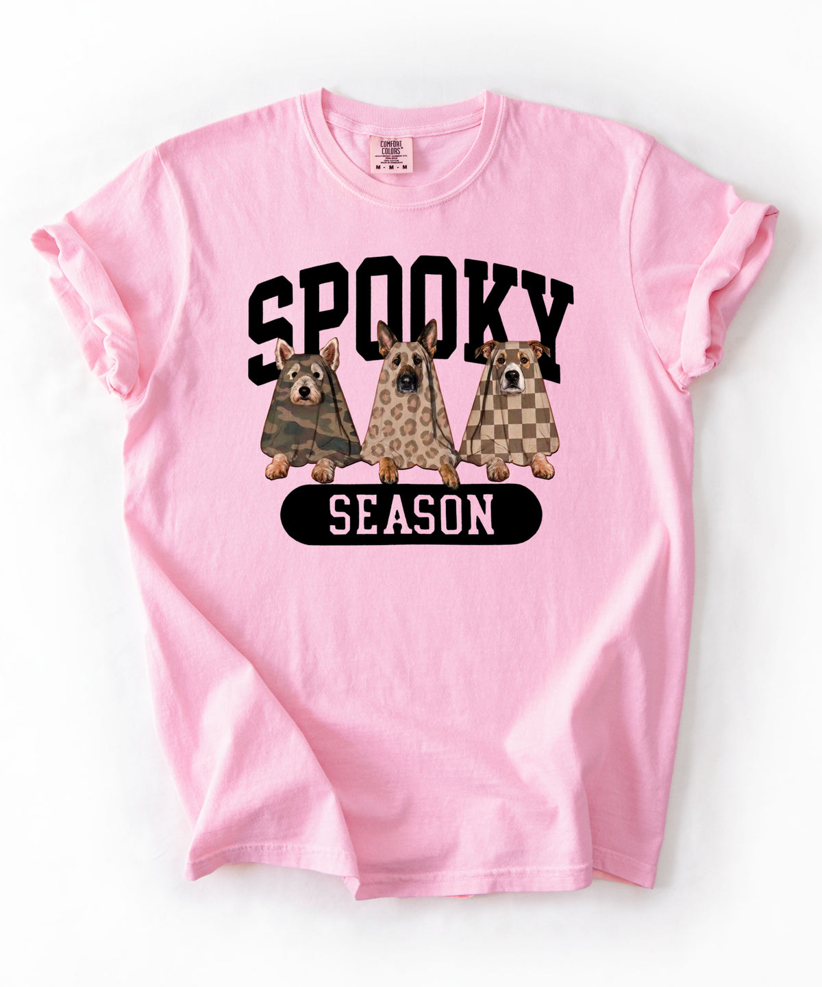 Spooky Season tee in Blossom — dogs in ghost costumes Halloween graphic, garment dyed heavyweight cotton