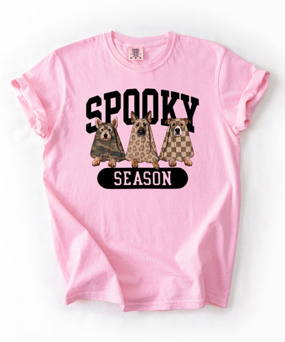 Spooky Season tee in Blossom — dogs in ghost costumes Halloween graphic, garment dyed heavyweight cotton