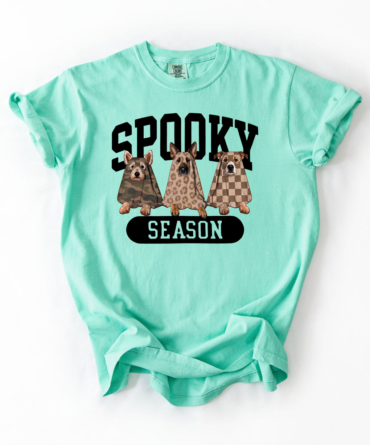 Spooky Season tee in Island Reef — dogs in ghost costumes Halloween graphic, garment dyed heavyweight cotton