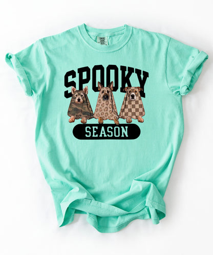 Spooky Season tee in Island Reef — dogs in ghost costumes Halloween graphic, garment dyed heavyweight cotton