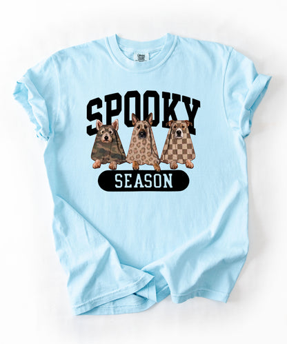 Spooky Season tee in Chambray — dogs in ghost costumes Halloween graphic, garment dyed heavyweight cotton