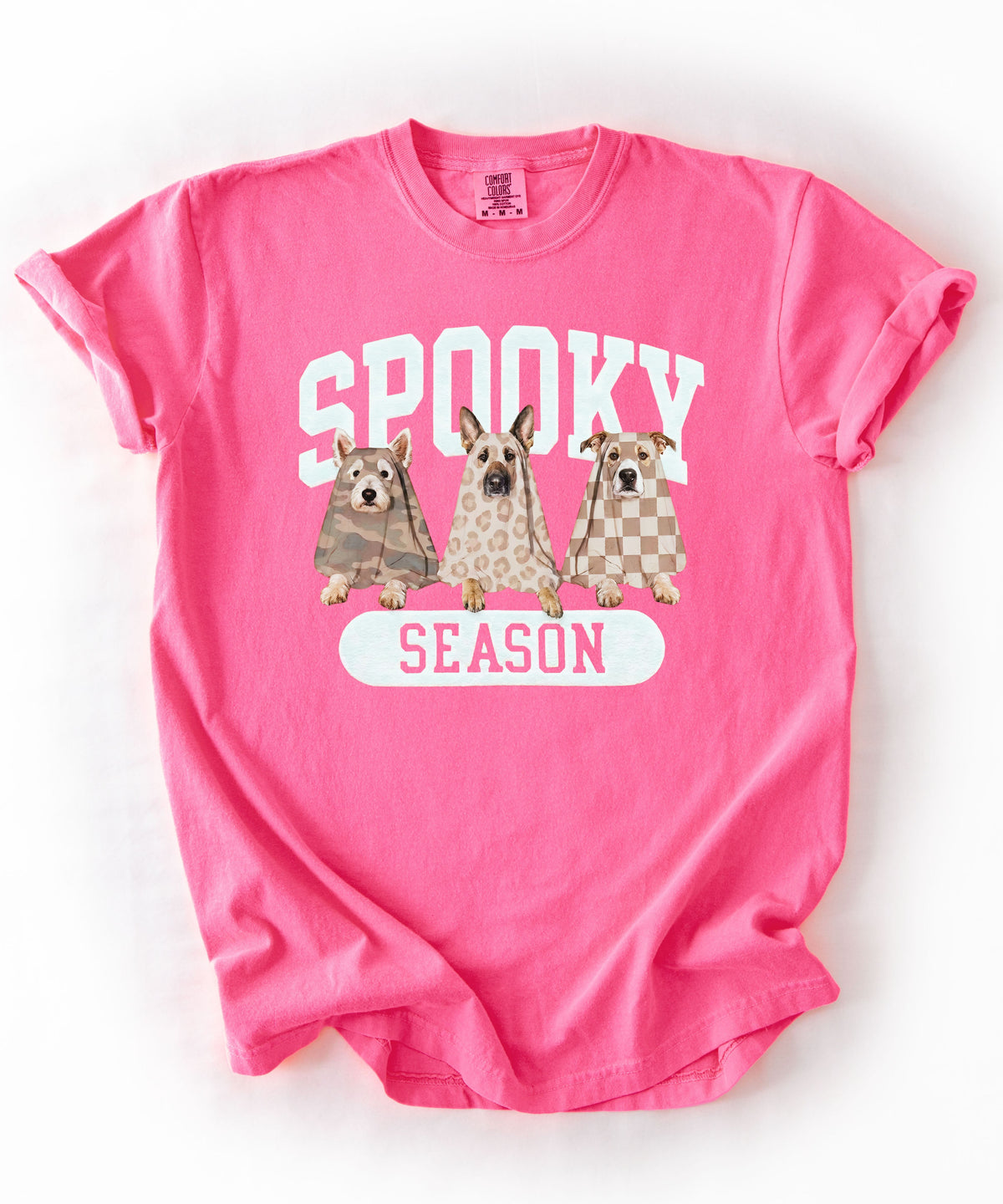 Spooky Season tee in Neon Pink— dogs in ghost costumes Halloween graphic, garment dyed heavyweight cotton