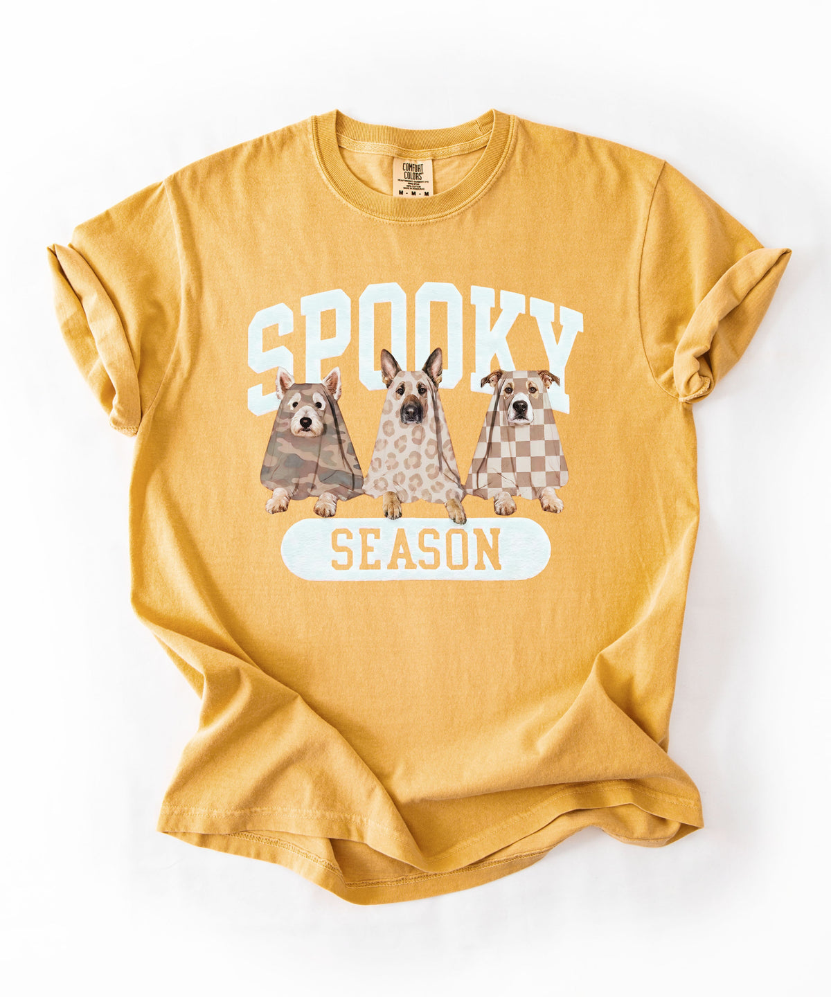 Spooky Season tee in Mustard — dogs in ghost costumes Halloween graphic, garment dyed heavyweight cotton