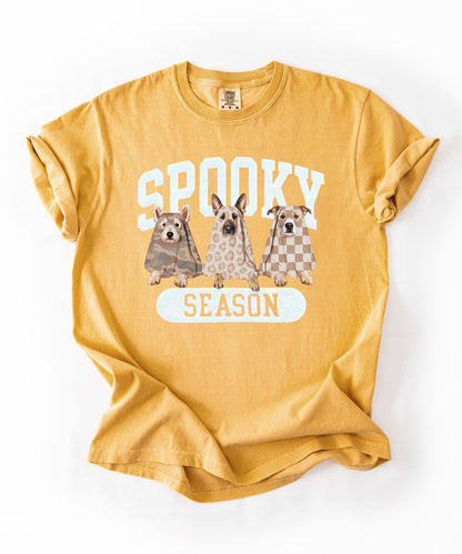 Spooky Season tee in Mustard — dogs in ghost costumes Halloween graphic, garment dyed heavyweight cotton
