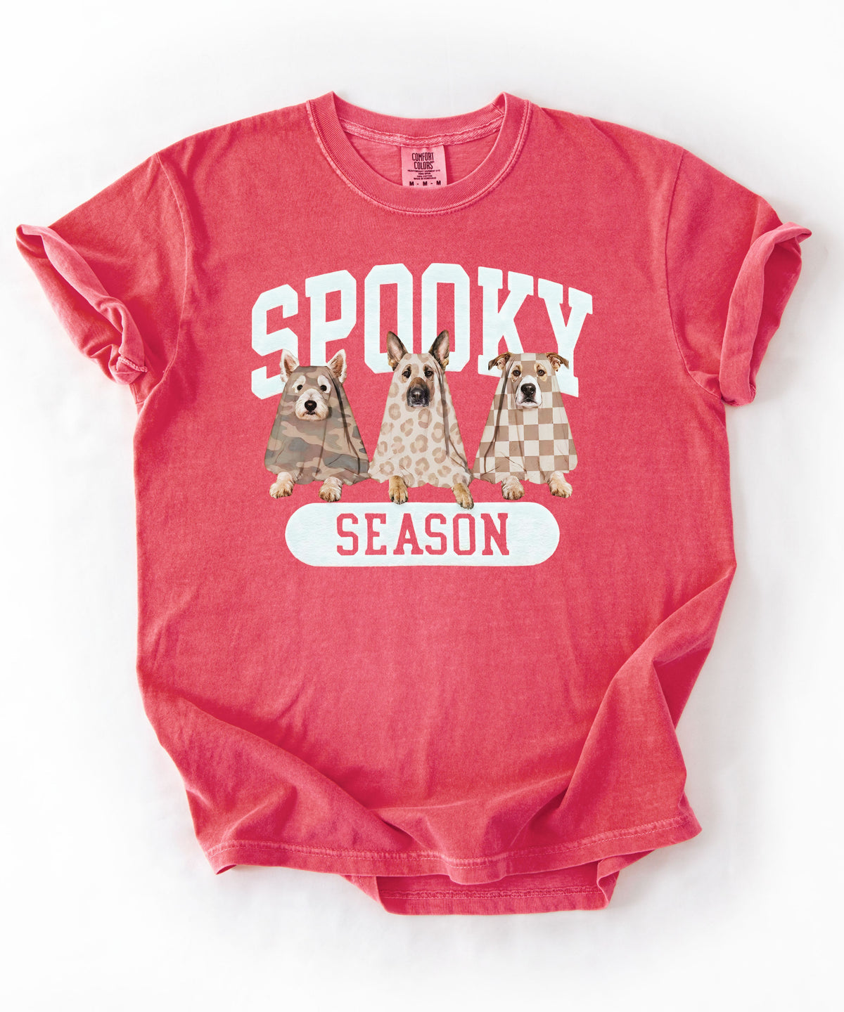 Spooky Season tee in Watermelon — dogs in ghost costumes Halloween graphic, garment dyed heavyweight cotton
