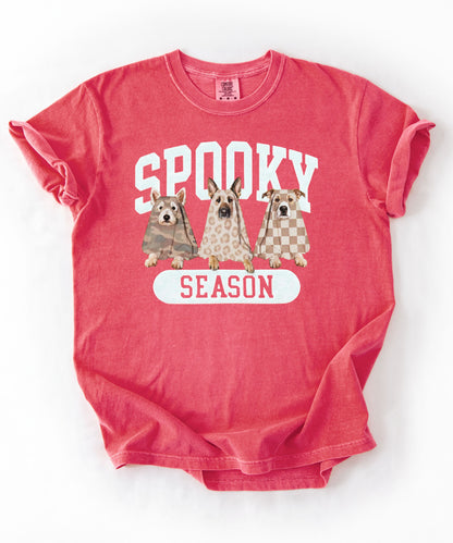Spooky Season tee in Watermelon — dogs in ghost costumes Halloween graphic, garment dyed heavyweight cotton