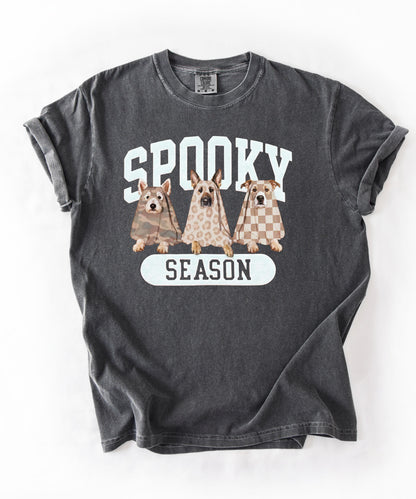 Spooky Season tee in Pepper— dogs in ghost costumes Halloween graphic, garment dyed heavyweight cotton
