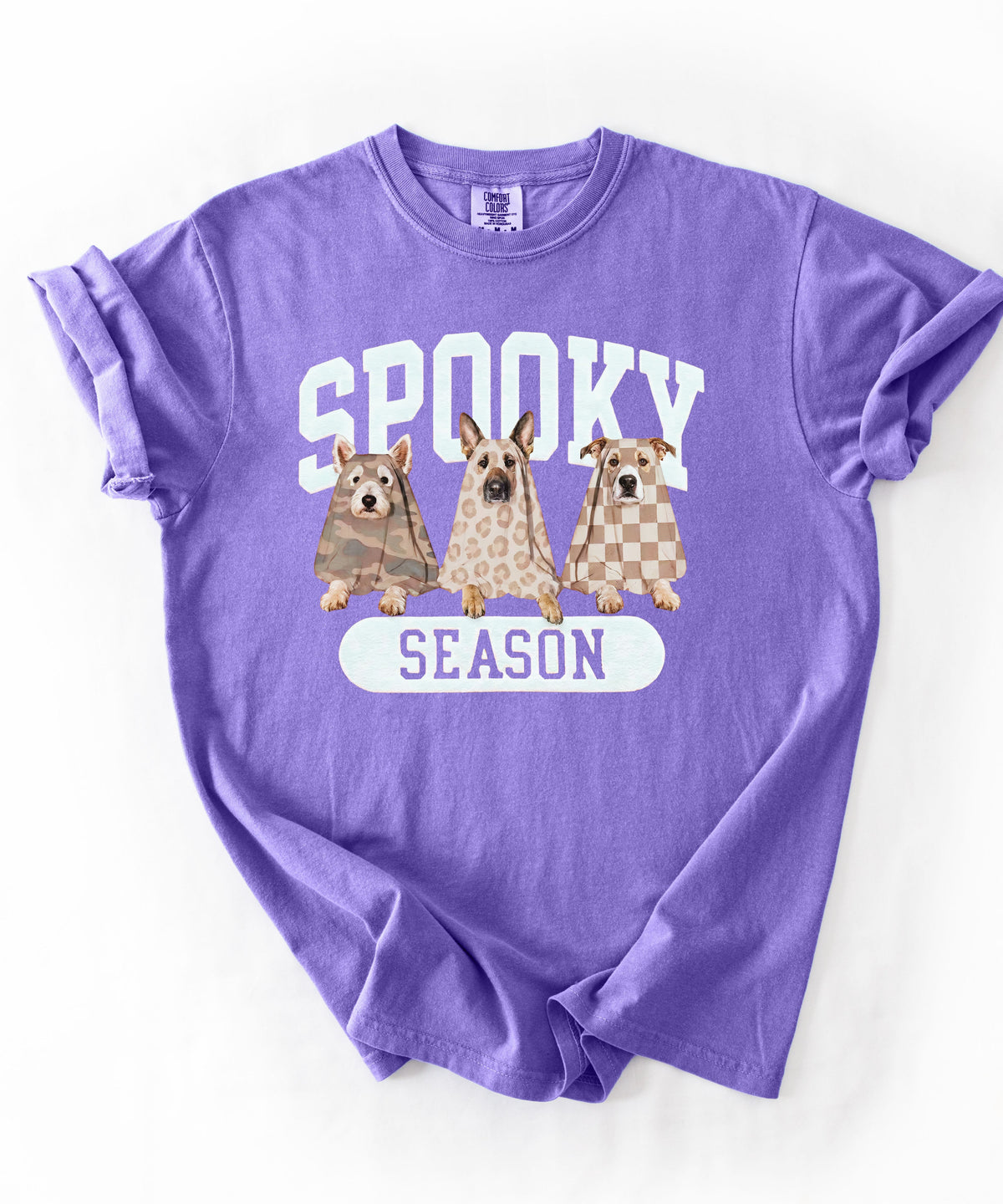 Spooky Season tee in Violet— dogs in ghost costumes Halloween graphic, garment dyed heavyweight cotton
