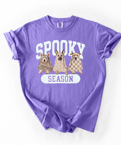 Spooky Season tee in Violet— dogs in ghost costumes Halloween graphic, garment dyed heavyweight cotton