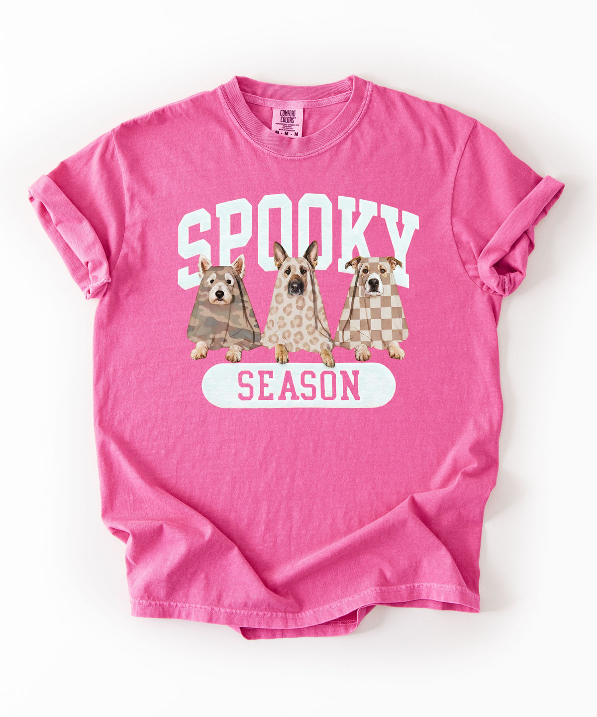 Spooky Season tee in Crunchberry— dogs in ghost costumes Halloween graphic, garment dyed heavyweight cotton