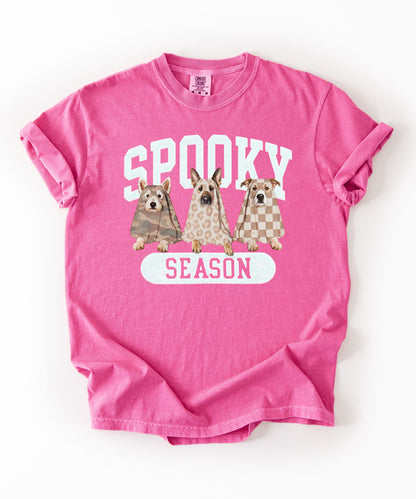 Spooky Season tee in Crunchberry— dogs in ghost costumes Halloween graphic, garment dyed heavyweight cotton