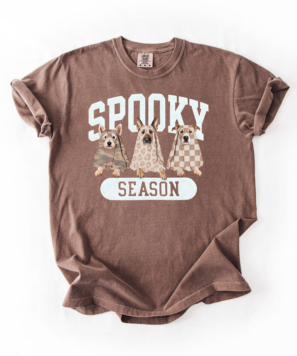 Spooky Season tee in Espresso — dogs in ghost costumes Halloween graphic, garment dyed heavyweight cotton