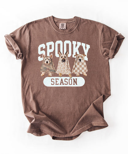 Spooky Season tee in Espresso — dogs in ghost costumes Halloween graphic, garment dyed heavyweight cotton