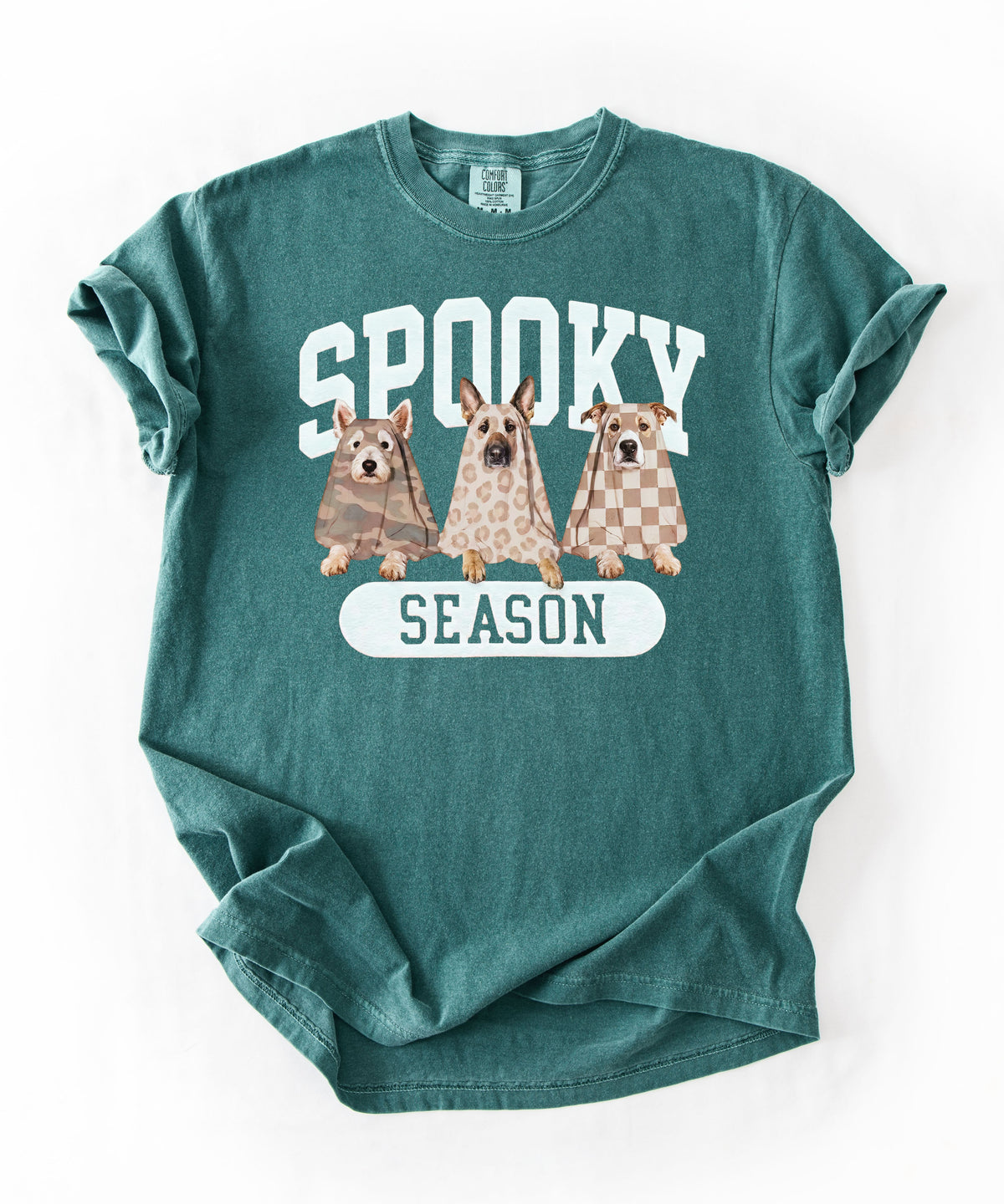 Spooky Season tee in Blue Spruce— dogs in ghost costumes Halloween graphic, garment dyed heavyweight cotton