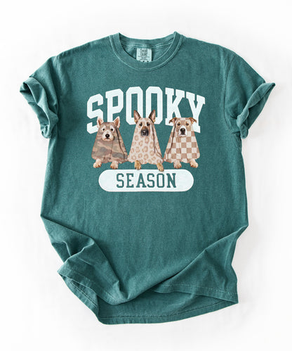 Spooky Season tee in Blue Spruce— dogs in ghost costumes Halloween graphic, garment dyed heavyweight cotton
