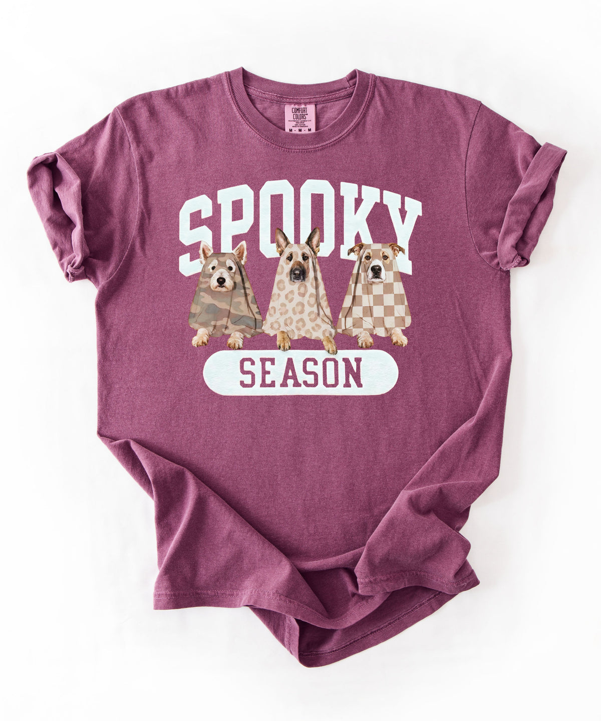 Spooky Season tee in Berry — dogs in ghost costumes Halloween graphic, garment dyed heavyweight cotton