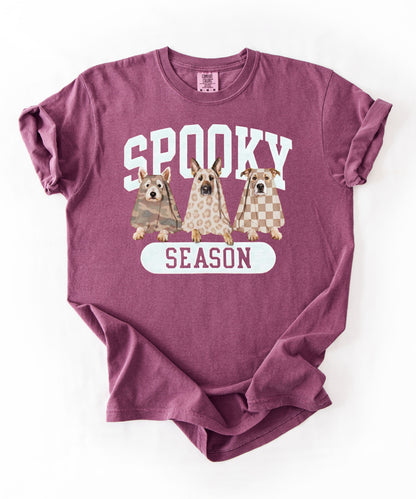 Spooky Season tee in Berry — dogs in ghost costumes Halloween graphic, garment dyed heavyweight cotton