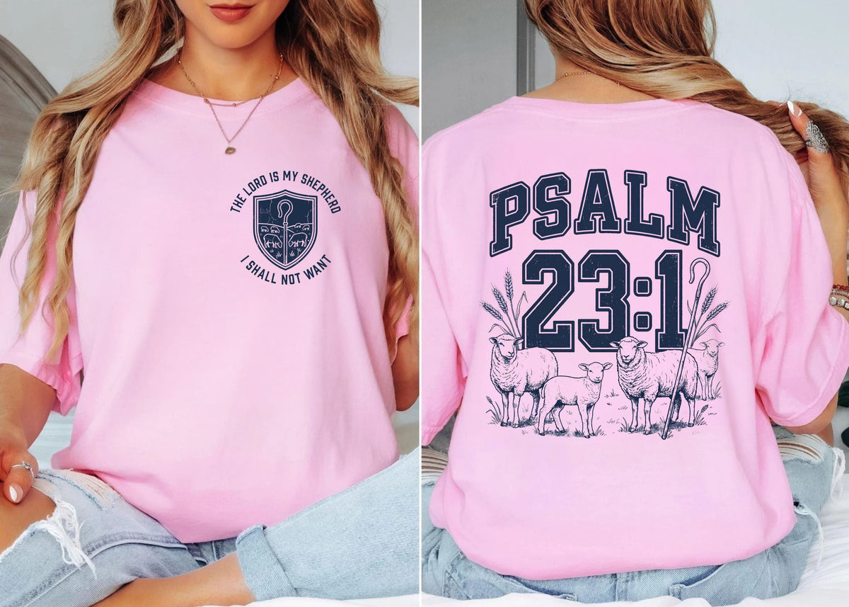 Blossom Psalm 23:1 faith shirt with shepherd graphic design and scripture text shown on model