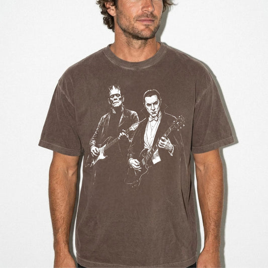 Espresso garment-dyed Frankenstein and Dracula guitar tee with retro Halloween rock band graphic 
