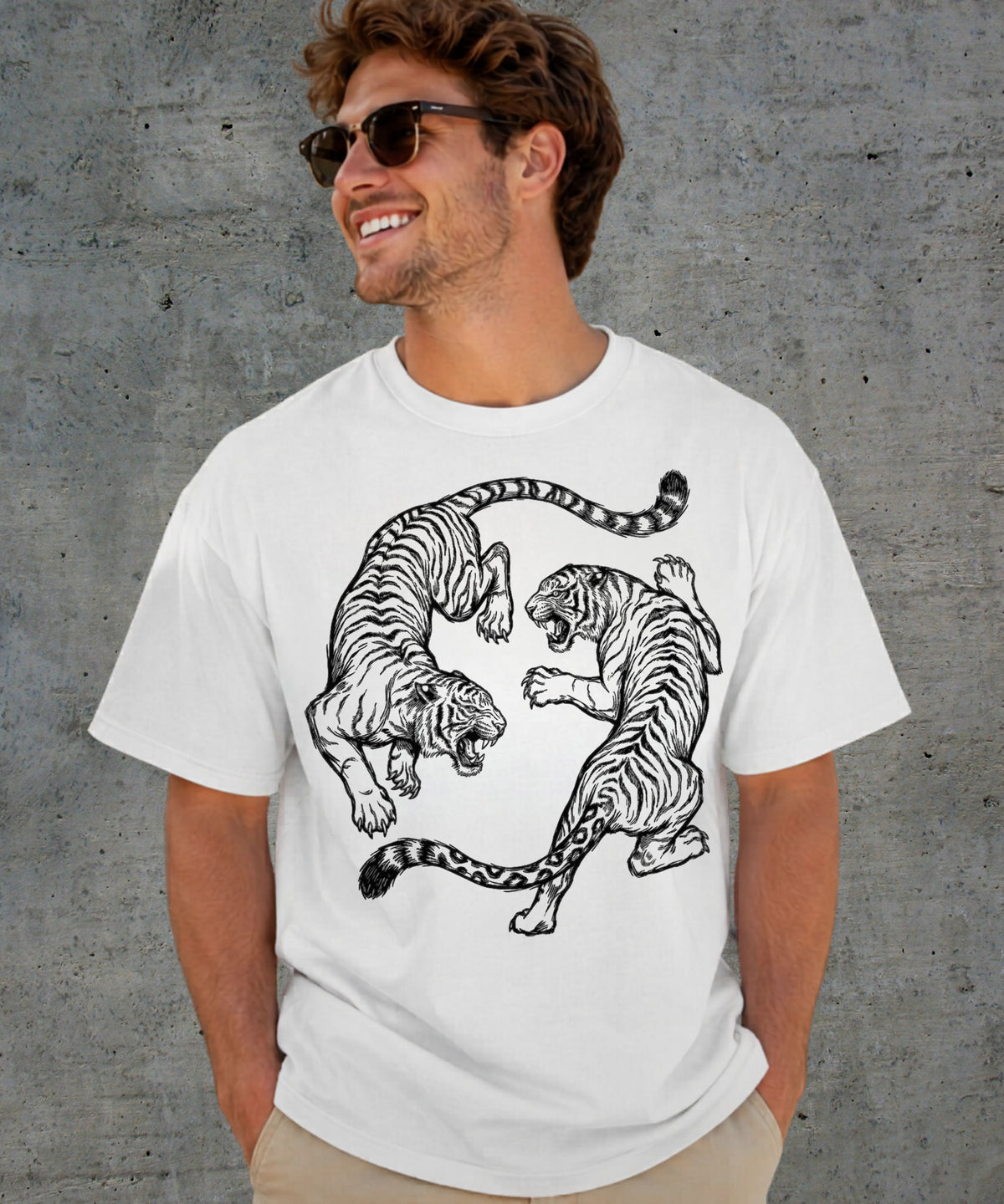 White garment-dyed dual tiger graphic tee with vintage engraving style print shown on model