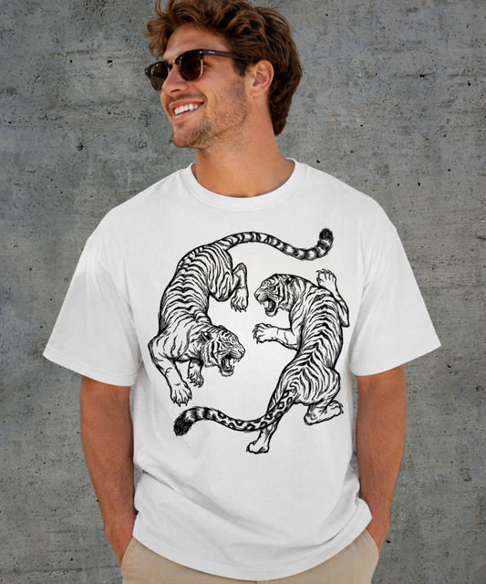 White garment-dyed dual tiger graphic tee with vintage engraving style print shown on model