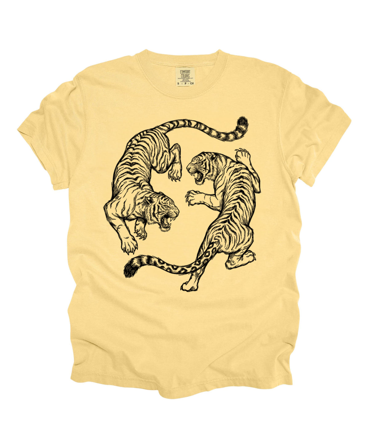 Butter garment-dyed dual tiger graphic tee with vintage engraving style print 