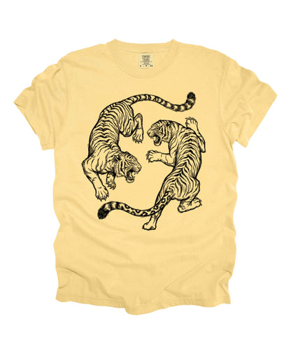 Butter garment-dyed dual tiger graphic tee with vintage engraving style print 