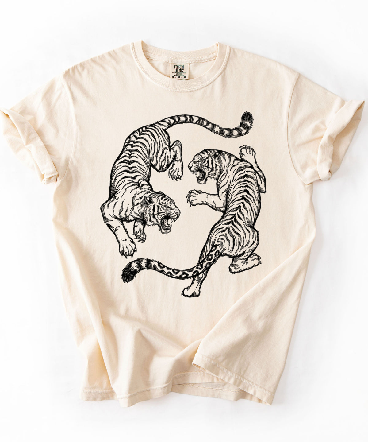 Ivory garment-dyed dual tiger graphic tee with vintage engraving style print 