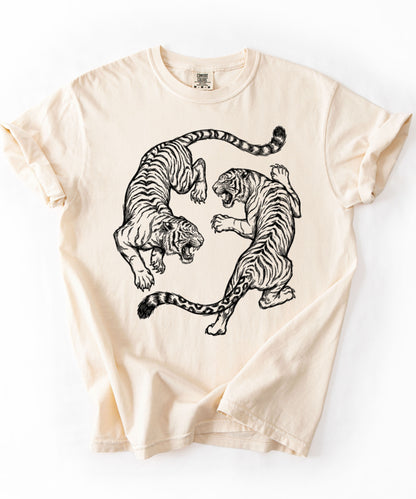Ivory garment-dyed dual tiger graphic tee with vintage engraving style print 