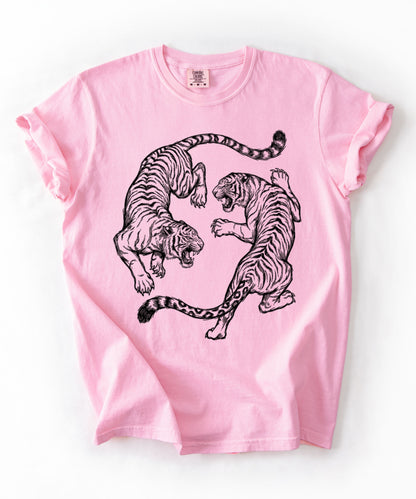 Blossom garment-dyed dual tiger graphic tee with vintage engraving style print 