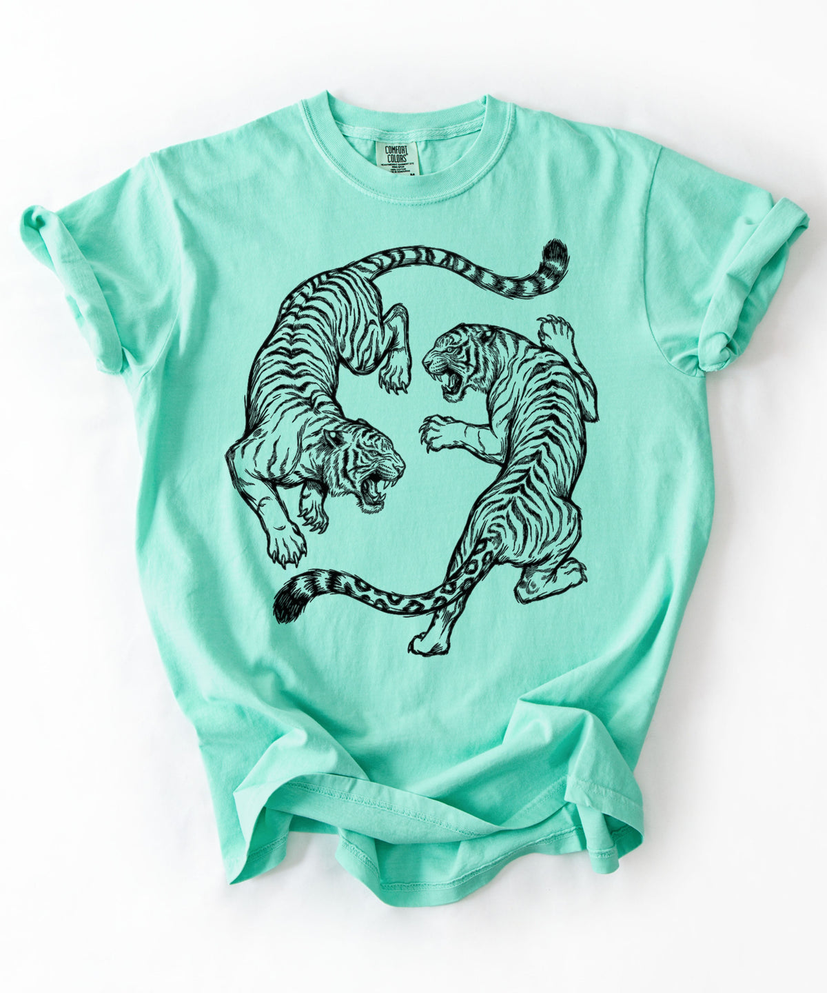 Island Reef garment-dyed dual tiger graphic tee with vintage engraving style print 