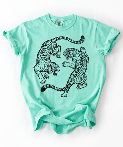 Island Reef garment-dyed dual tiger graphic tee with vintage engraving style print 