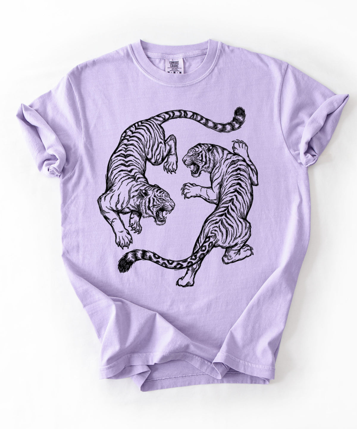 Violet garment-dyed dual tiger graphic tee with vintage engraving style print 