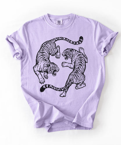 Violet garment-dyed dual tiger graphic tee with vintage engraving style print 