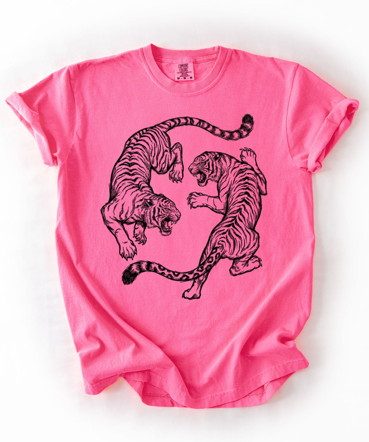 Neon Pink garment-dyed dual tiger graphic tee with vintage engraving style print 