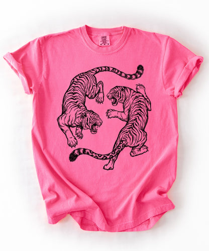 Neon Pink garment-dyed dual tiger graphic tee with vintage engraving style print 