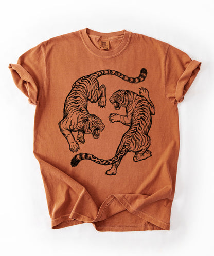 Yam garment-dyed dual tiger graphic tee with vintage engraving style print 
