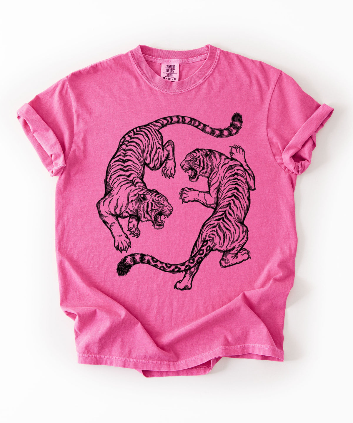 Crunchberry garment-dyed dual tiger graphic tee with vintage engraving style print 