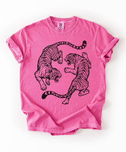 Crunchberry garment-dyed dual tiger graphic tee with vintage engraving style print 