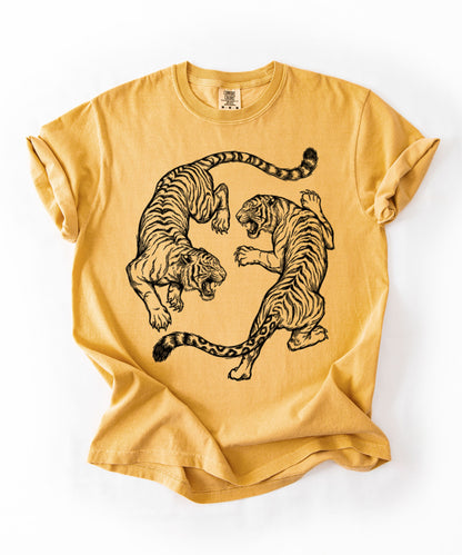 Mustard garment-dyed dual tiger graphic tee with vintage engraving style print 