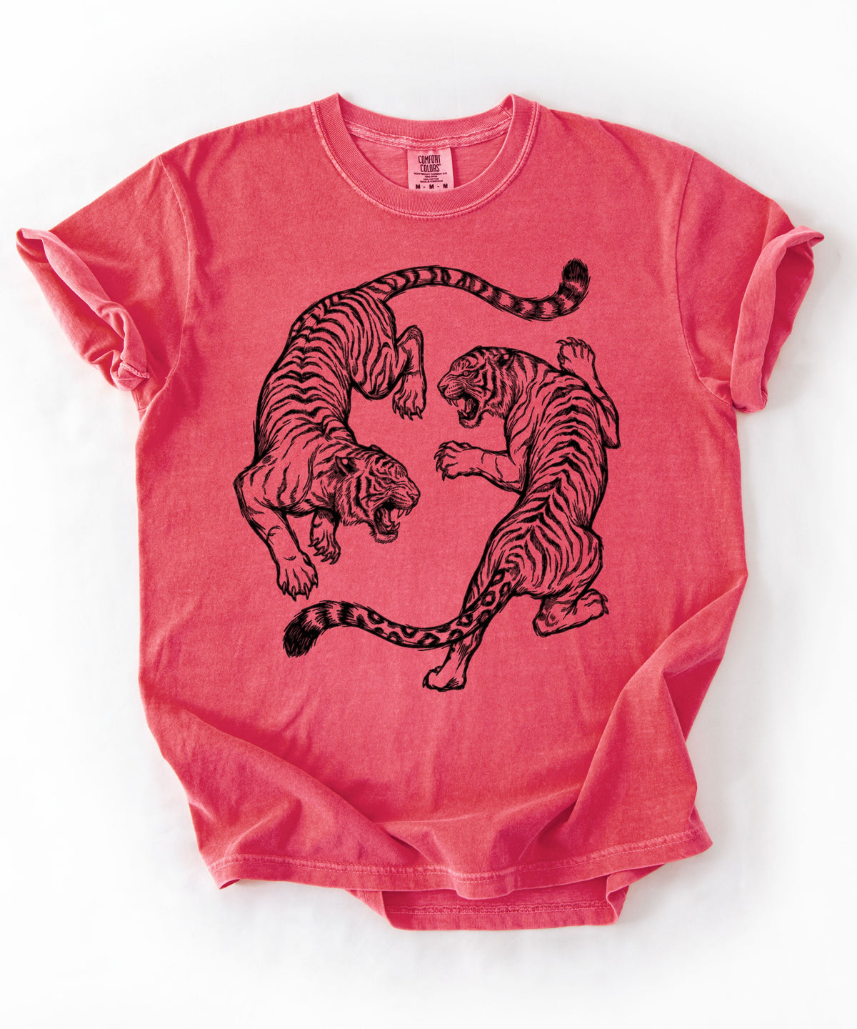 Watermelon garment-dyed dual tiger graphic tee with vintage engraving style print 