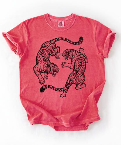 Watermelon garment-dyed dual tiger graphic tee with vintage engraving style print 