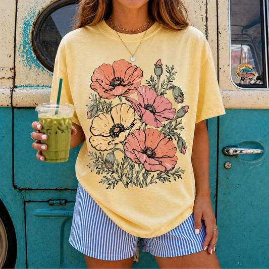 Floral Poppy Bouquet T-Shirt — Vintage Wildflower Graphic Tee