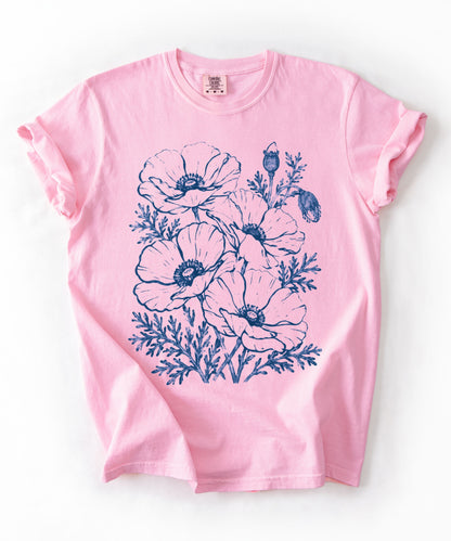 Floral Poppy Sketch T-Shirt — Vintage Botanical Tee