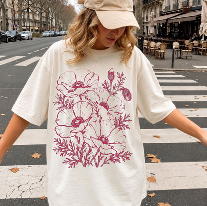 Floral Poppy Sketch T-Shirt — Vintage Botanical Tee