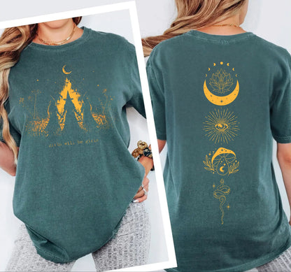 Girls Will Be Girls witch graphic tee in Blue Spruce — coven of witches around a campfire with crescent moon, feminist occult design front and back design 