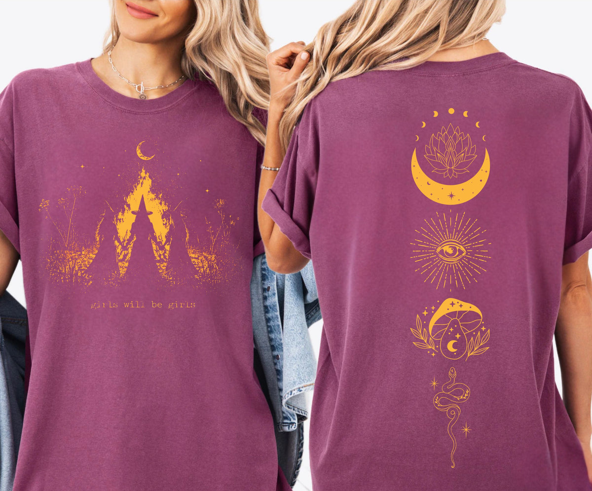 Girls Will Be Girls witch graphic tee in Berry— coven of witches around a campfire with crescent moon, feminist occult design front and back design 