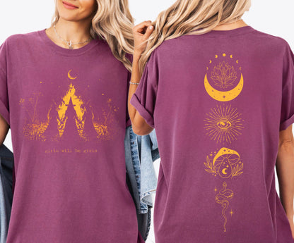 Girls Will Be Girls witch graphic tee in Berry— coven of witches around a campfire with crescent moon, feminist occult design front and back design 