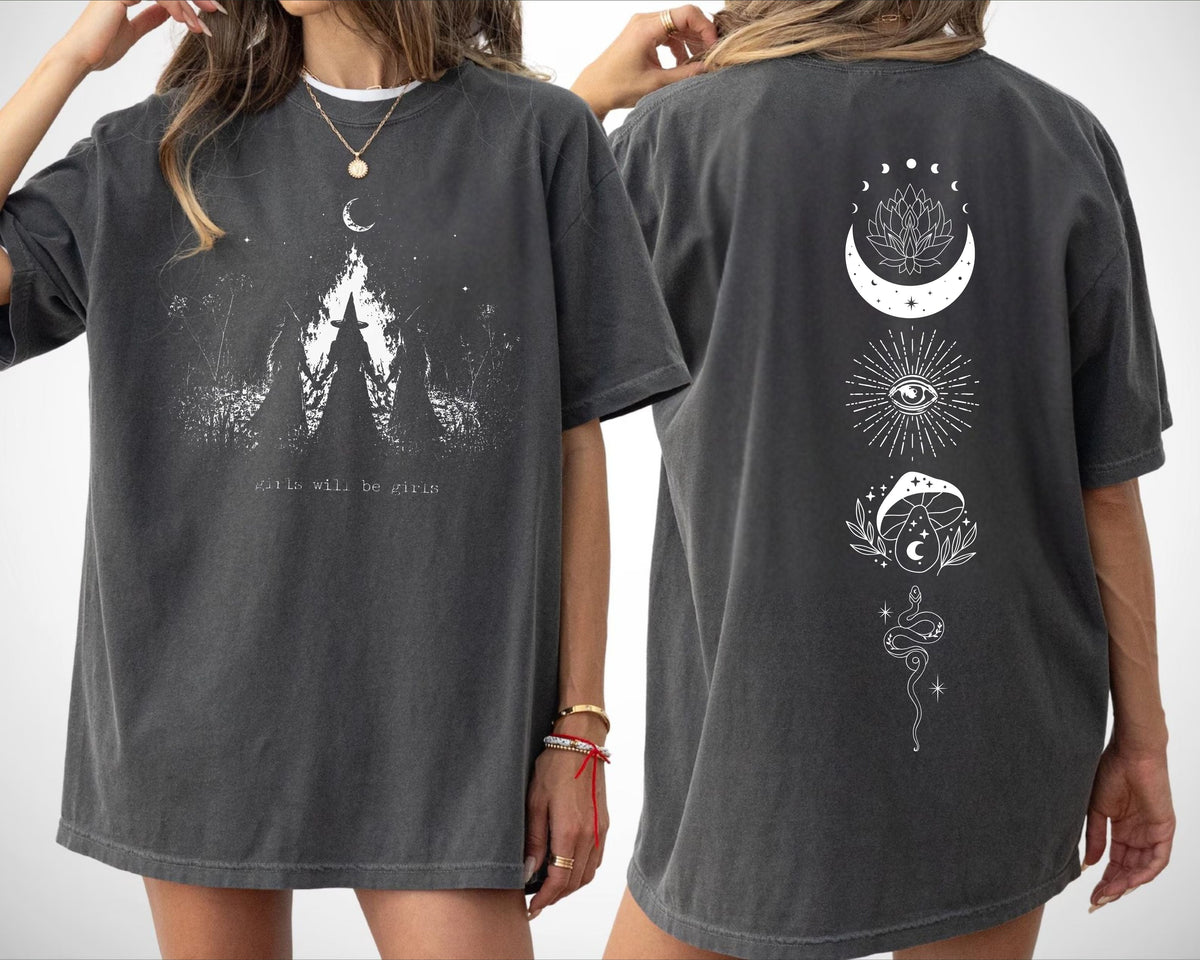 Girls Will Be Girls witch graphic tee in Pepper— coven of witches around a campfire with crescent moon, feminist occult design front and back design 